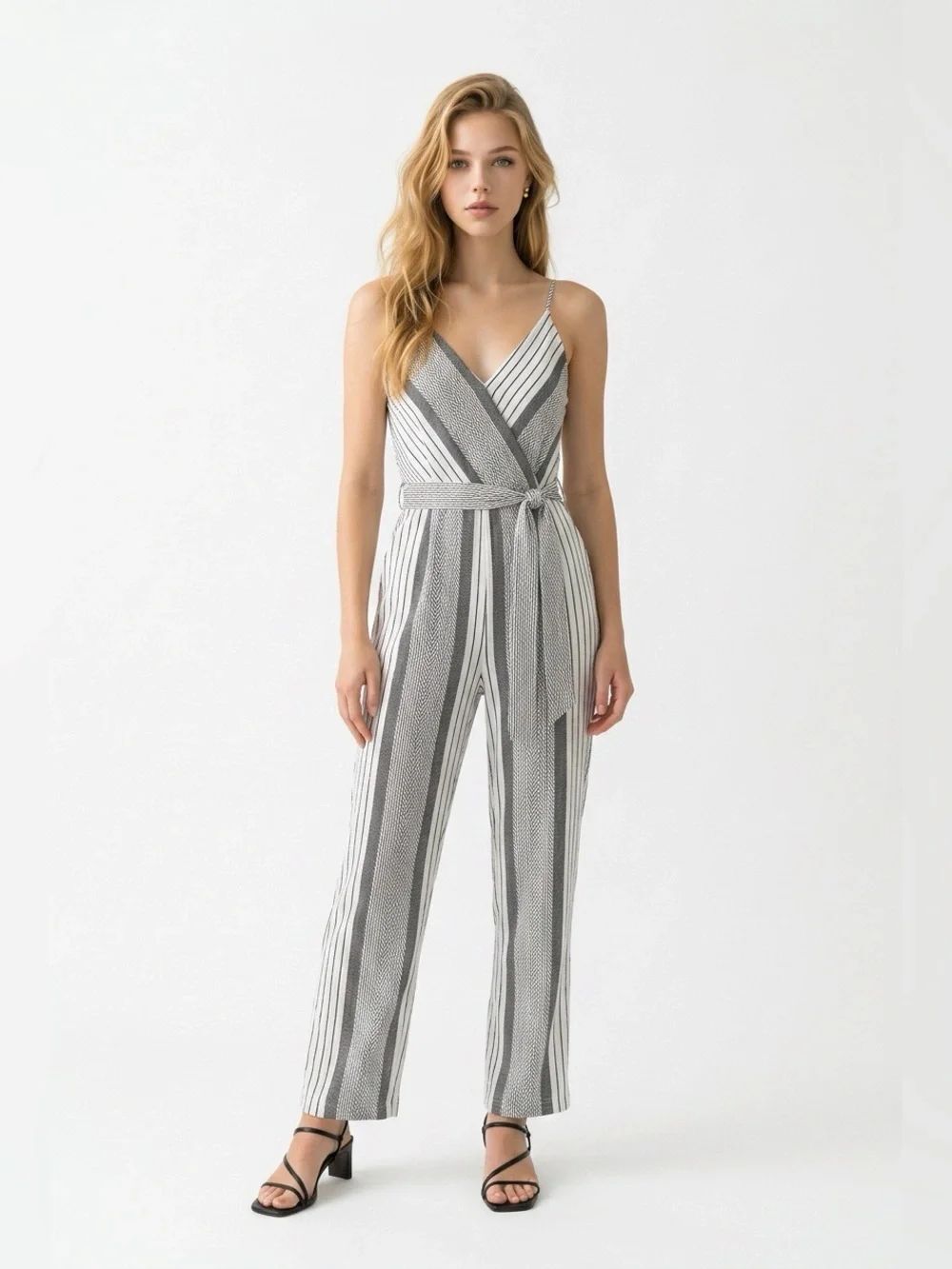 Striped Sleeveless Wrap Jumpsuit - Gray